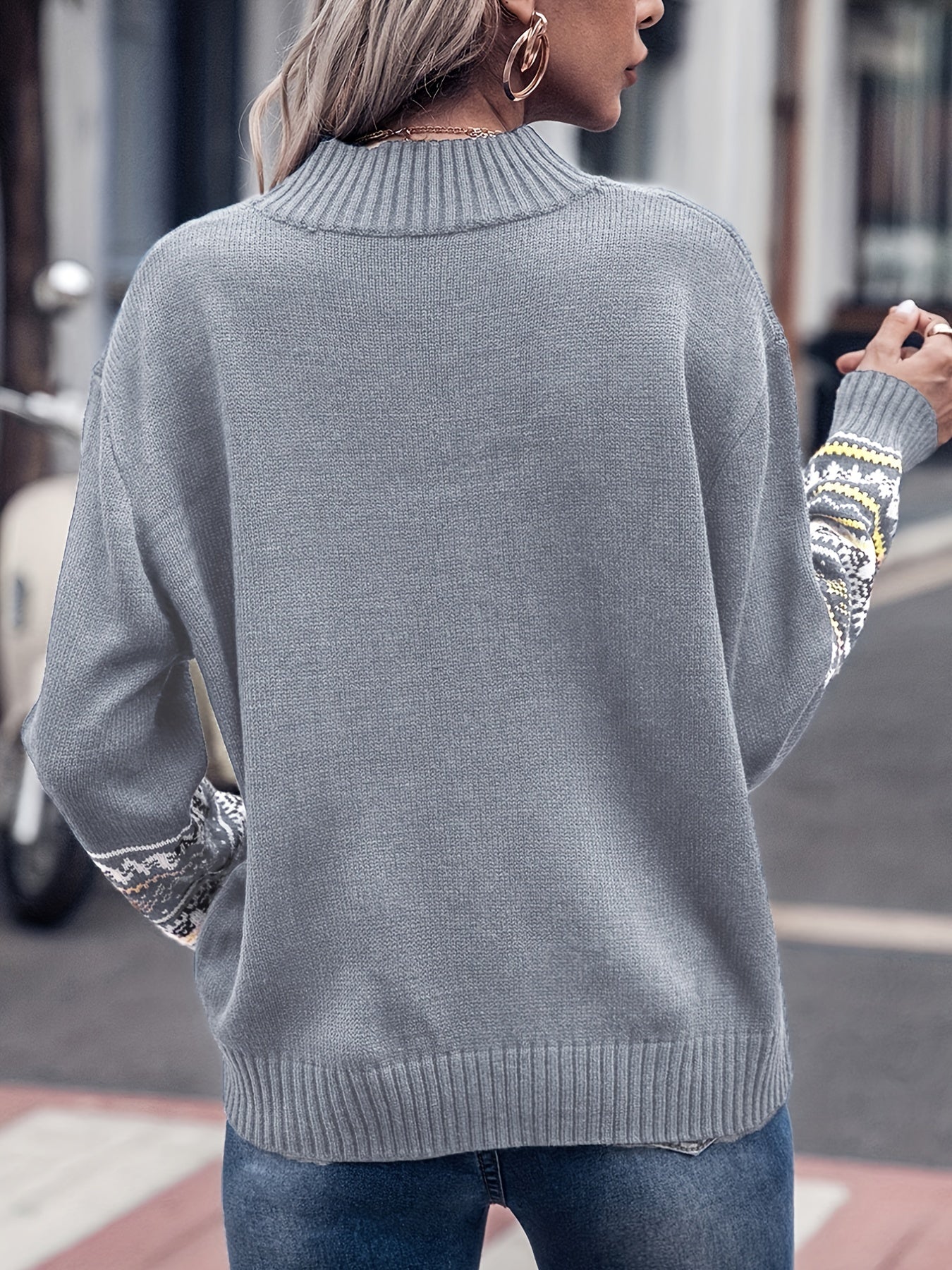 Graphic Print Mock Neck Pullover Sweater, Casual Long Sleeve Sweater For Fall & Winter, Women's Clothing