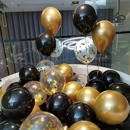 16pcs Glittering Black Golden Confetti Latex Balloons - Premium Decor for Weddings, Birthdays, Anniversaries & More - Dazzling Indoor/Outdoor Party Essentials