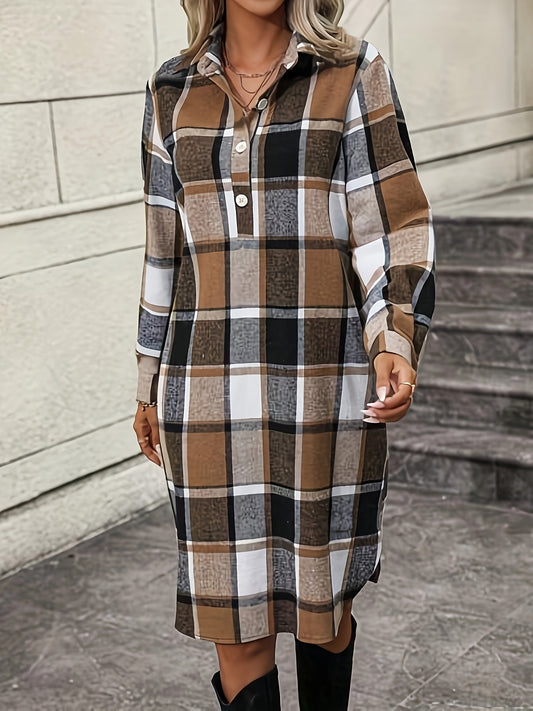 Sixsr Plaid Print Cuff Sleeve Button Dress, Casual Lapel Neck Dress For Spring & Fall, Women's Clothing