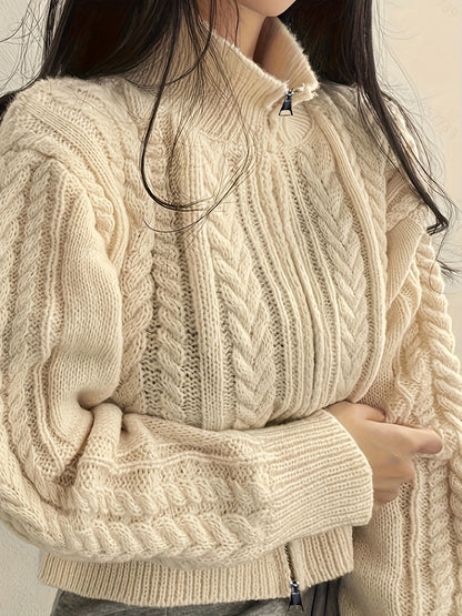 Sixsr Solid Zip Up Cable Knit Cardigan, Casual Turndown Collar Long Sleeve Crop Sweater, Women's Clothing