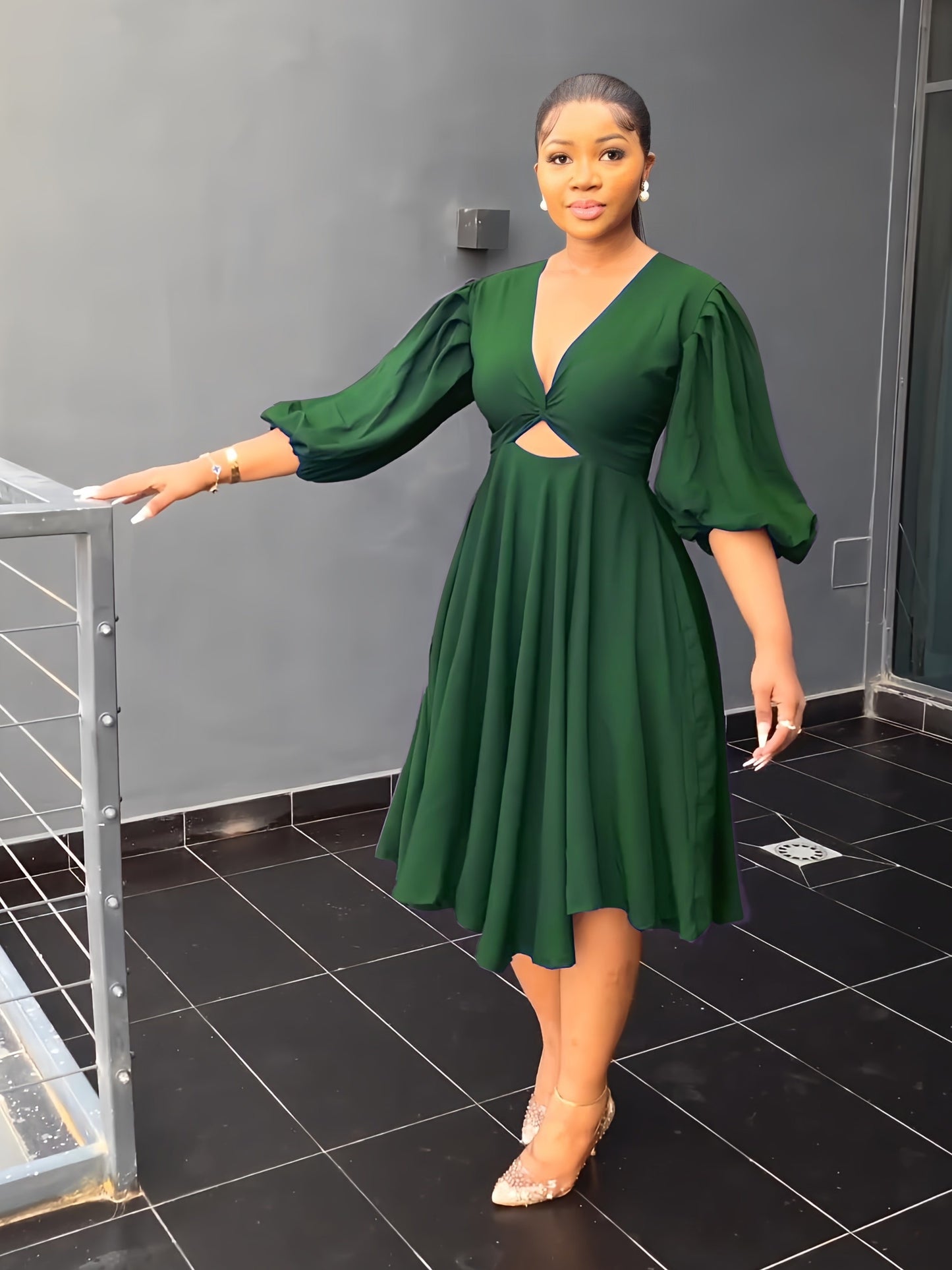 Sixsr Lantern Sleeve V Neck Midi Dress, Party Casual Dress For Spring & Fall, Women's Clothing