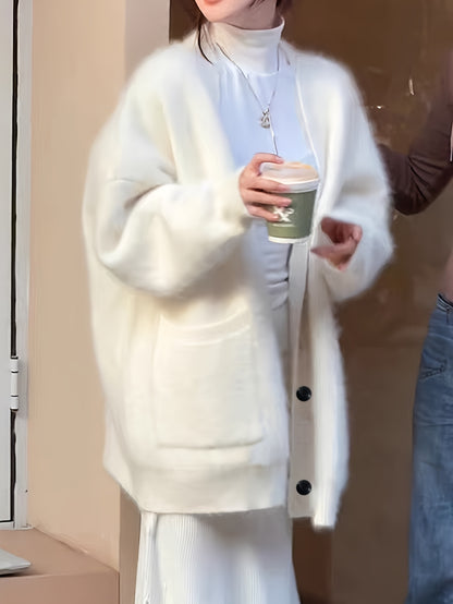 Sixsr Solid Button Front Knitted Cardigan, Casual Simple V Neck Long Sleeve Cardigan With Pockets For Fall & Winter, Women's Clothing