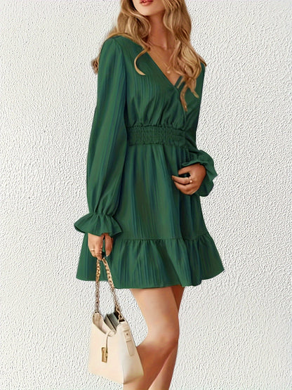 Sixsr Shirred Waist Ruffle Trim Dress, Casual V Neck Long Sleeve Dress, Women's Clothing