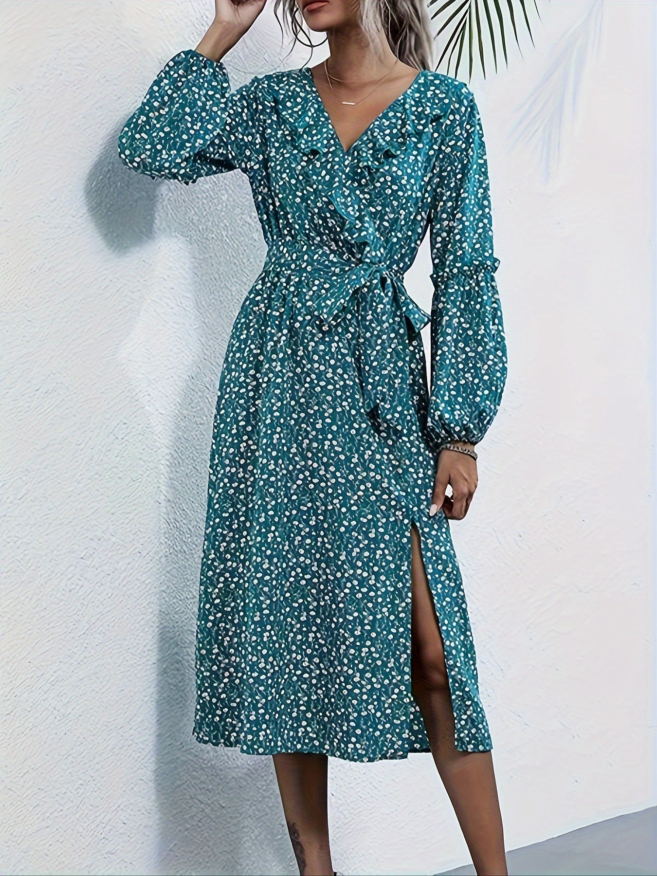 Sixsr Allover Print Ruffle Trim Dress, Elegant V Neck Long Sleeve Midi Dress, Women's Clothing