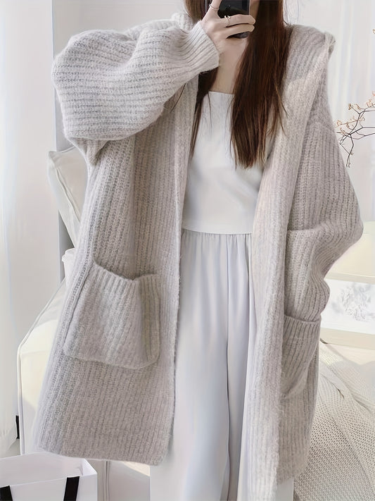 Sixsr Solid Open Front Hooded Cardigan, Versatile Long Sleeve Patched Pockets Cardigan For Fall & Winter, Women's Clothing