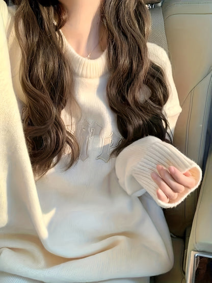 Sixsr Letter Pattern Crew Neck Pullover Sweater, Casual Long Sleeve Loose Slouchy Sweater, Women's Clothing