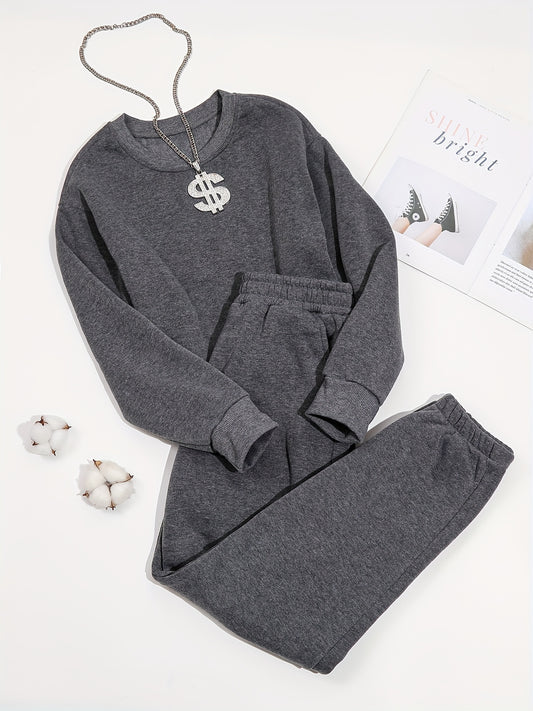 Sixsr 2pcs Long Sleeve Casual Sports Sets, Fleece Liner Crew Neck Pullover Sweatshirt & Casual Loose Sweatpants, Women's Activewear