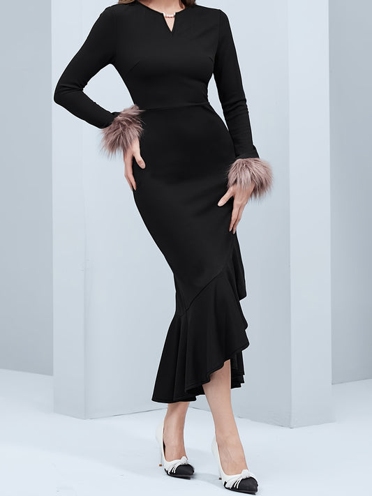 Sixsr Slim Notch Neck Fishtail Dress, Elegant Solid Long Sleeve Dress For Party & Banquet, Women's Clothing