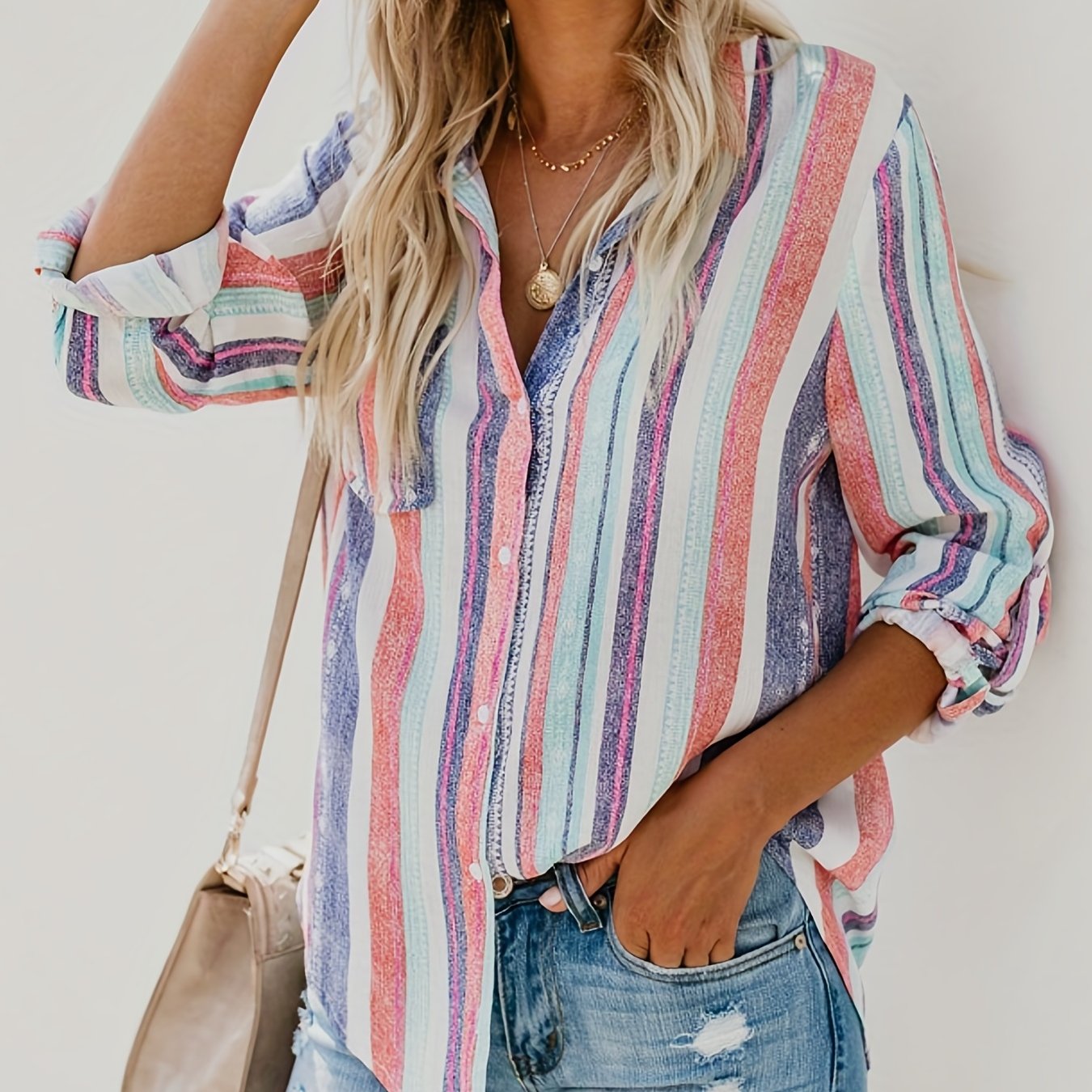 Casual Striped Shirt, Button Up Top For Spring & Fall, Women's Clothing