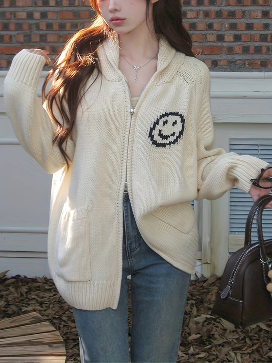 Sixsr Graphic Pattern Zip Up Knit Cardigan, Casual Long Sleeve Loose Sweater With Pocket, Women's Clothing