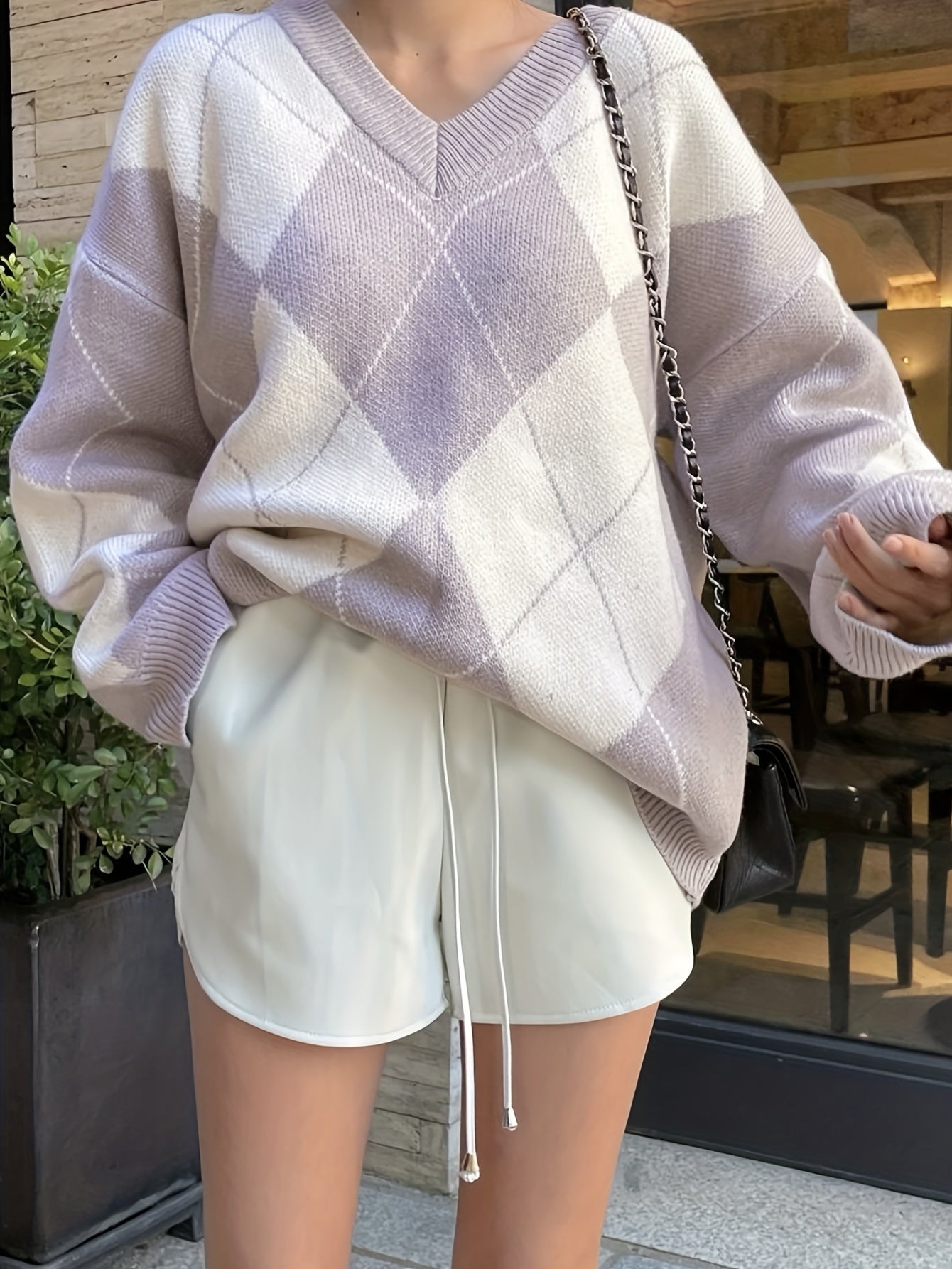 Sixsr Diamond Lattice Pattern Knitted Pullover Top, Casual V Neck Long Sleeve Sweater For Fall & Winter, Women's Clothing