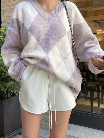 Sixsr Diamond Lattice Pattern Knitted Pullover Top, Casual V Neck Long Sleeve Sweater For Fall & Winter, Women's Clothing