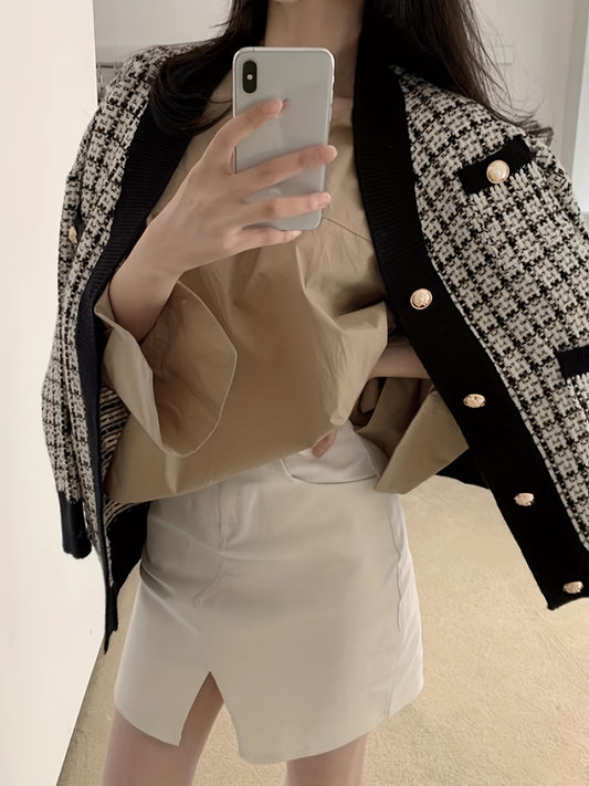 Sixsr Plaid Button Down Knit Cardigan, Vintage Long Sleeve Pocket Fashion Sweater, Women's Clothing