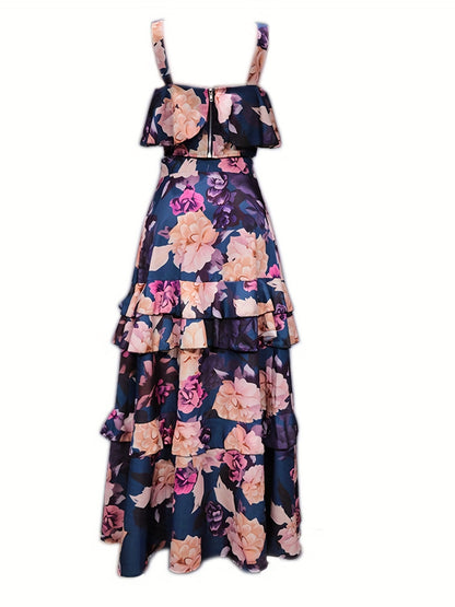 Floral Print Two-piece Skirt Set, Crop Tank Top & Layered Skirt Outfits, Women's Clothing