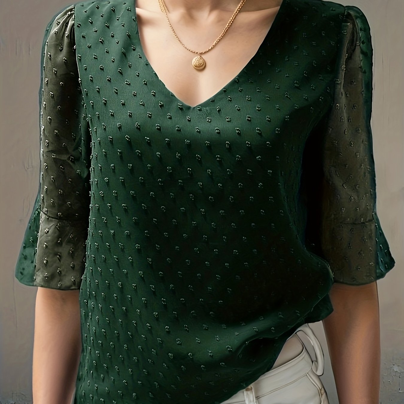 Sixsr V-neck Loose Chiffon Shirt, Casual 3/4 Long Sleeve Fashion Blouses Tops, Women's Clothing