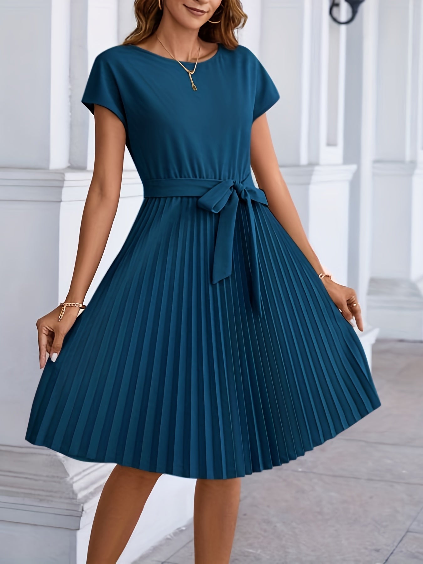 Pleated Tie Front Dress, Casual Short Sleeve Dress For Spring & Summer, Women's Clothing