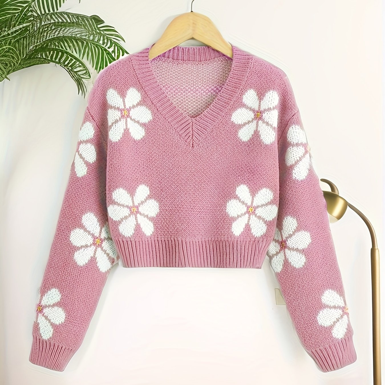 Sixsr Floral Jacquard Girls Drop Shoulder V-neck Knitted Sweater For Fall Winter
