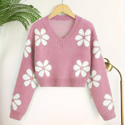 Sixsr Floral Jacquard Girls Drop Shoulder V-neck Knitted Sweater For Fall Winter