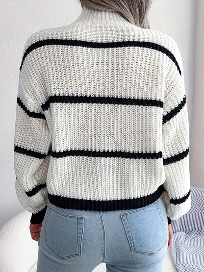 Sixsr Striped Color Block Crew Neck Sweater, Casual Long Sleeve Loose Fall Winter Knit Sweater, Women's Clothing