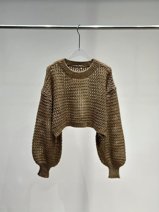 Sixsr Solid Cut Out Crop Sweater, Casual Crew Neck Long Sleeve Sweater For Spring & Fall, Women's Clothing