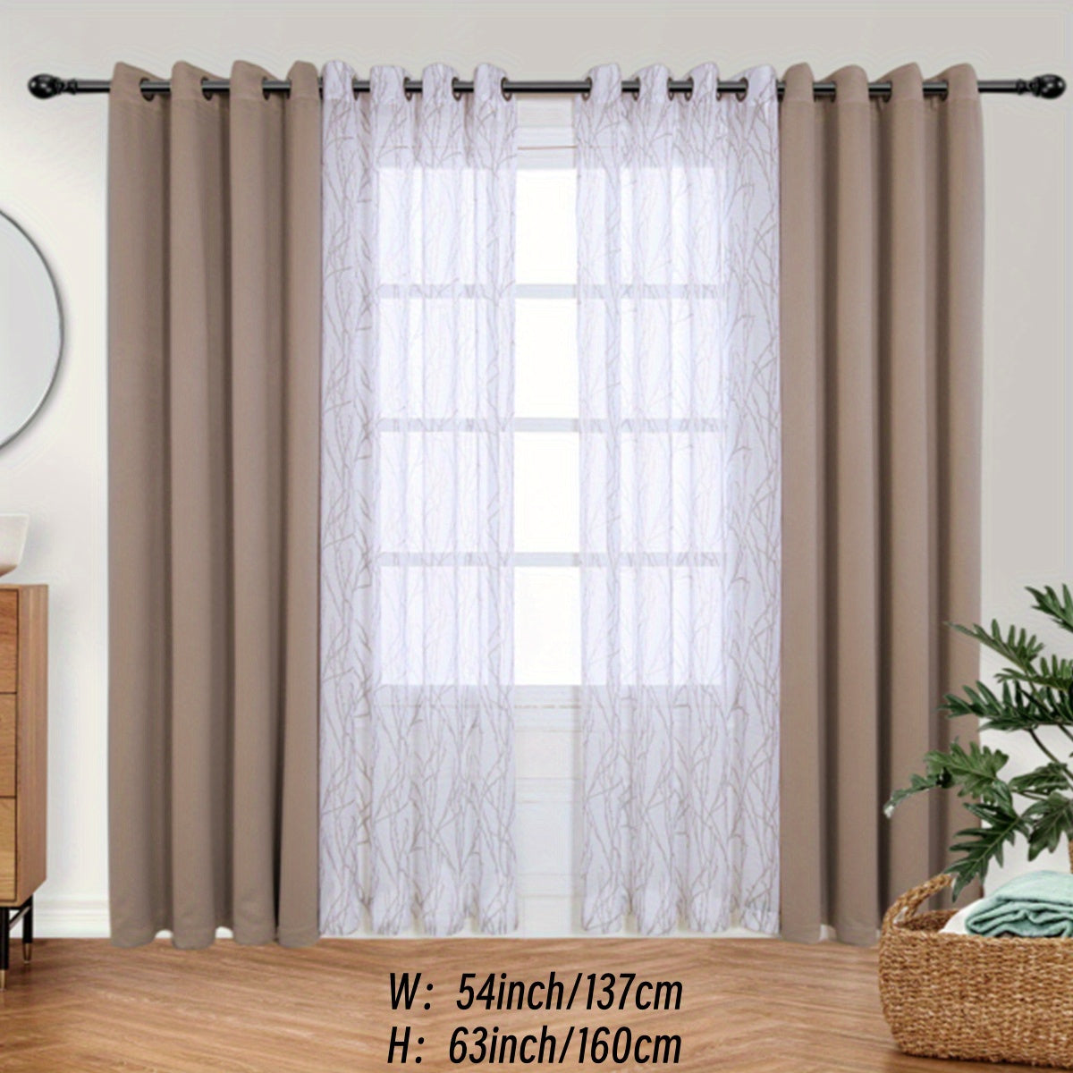 1 Panel Branch Printed Sheer Curtain + 1 Panel Blackout Curtain - Panels for Bedroom, Office, Living Room Home Decor with Grommet Top Window Drapes