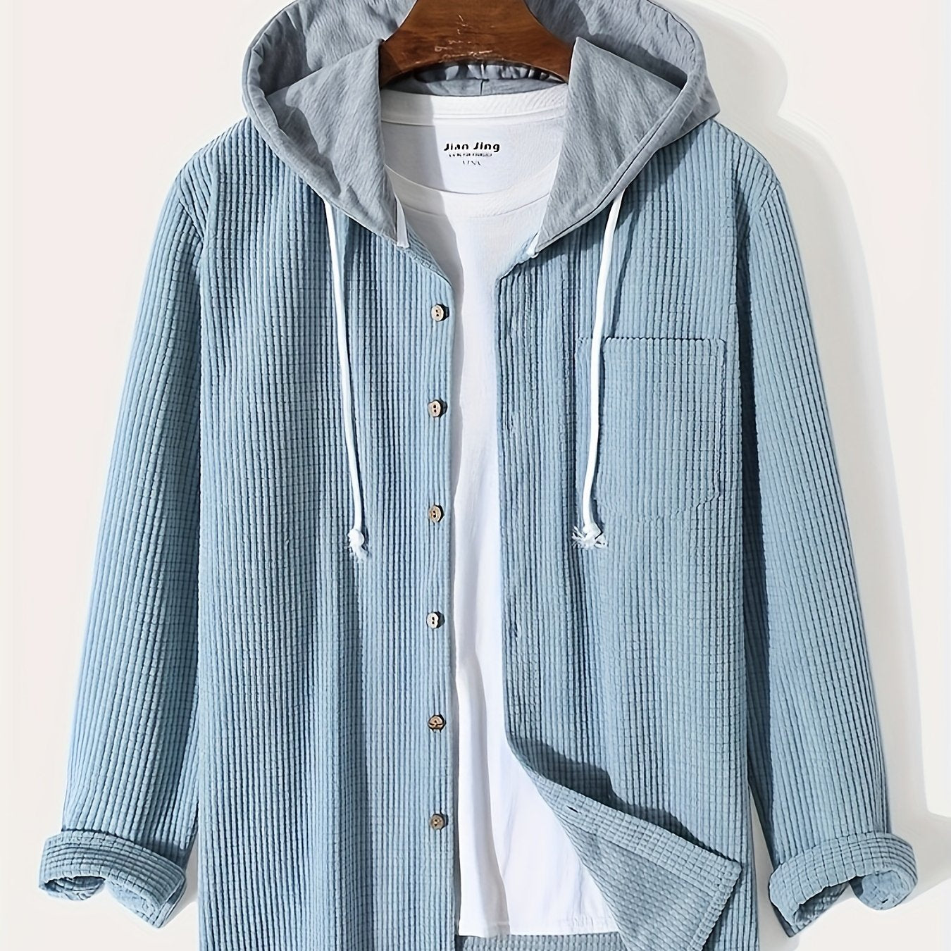 Sixsr Waffle Pattern Hoodie Shirt Coat For Men Long Sleeve Casual Regular Fit Button Up Hooded Shirts Jacket