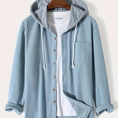 Sixsr Waffle Pattern Hoodie Shirt Coat For Men Long Sleeve Casual Regular Fit Button Up Hooded Shirts Jacket