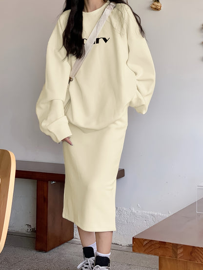 Sixsr Casual Two-piece Set, Letter Print Long Sleeve Sweatshirt & Skirt Outfits, Women's Clothing