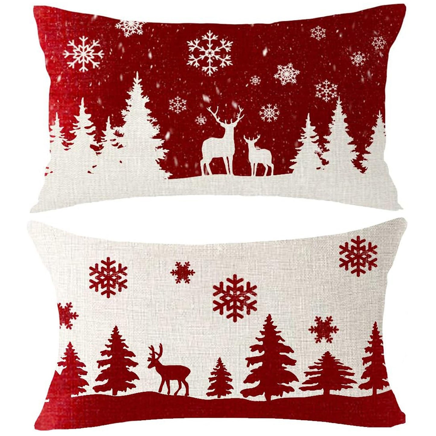 2PCS Festive Christmas Throw Pillow Covers - Red Snowflakes, Moose & Reindeer Design, Winter Christmas Farmhouse Home Decor, 18X18 inches, No Inserts Included