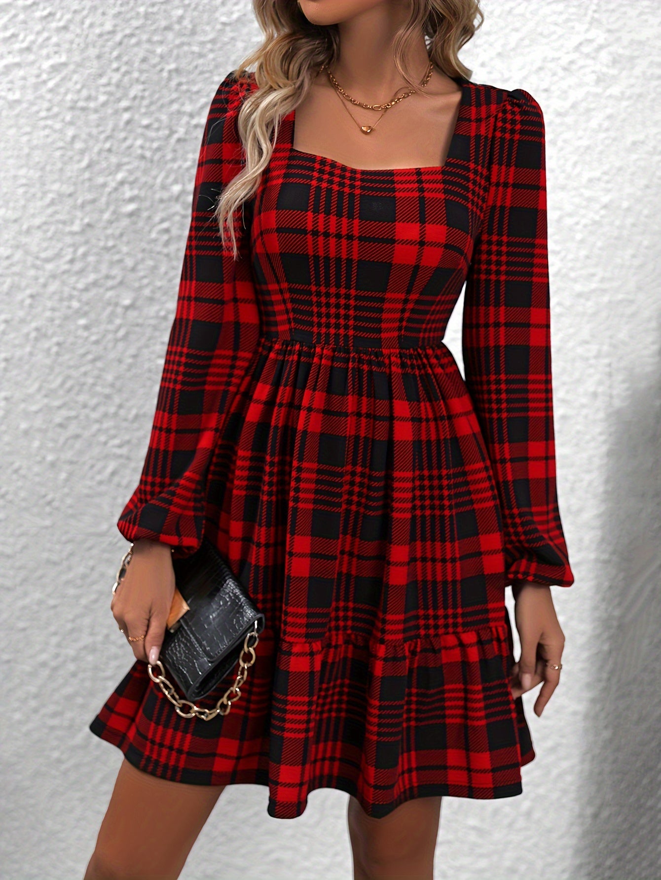 Sixsr Plaid Pattern Square Neck Dress, Vintage Lantern Sleeve Dress For Spring & Fall, Women's Clothing