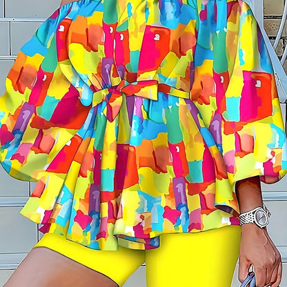 two-piece Color Block Off Shoulder Top & Shorts Set - Sexy Women's Outfit for Any Occasion