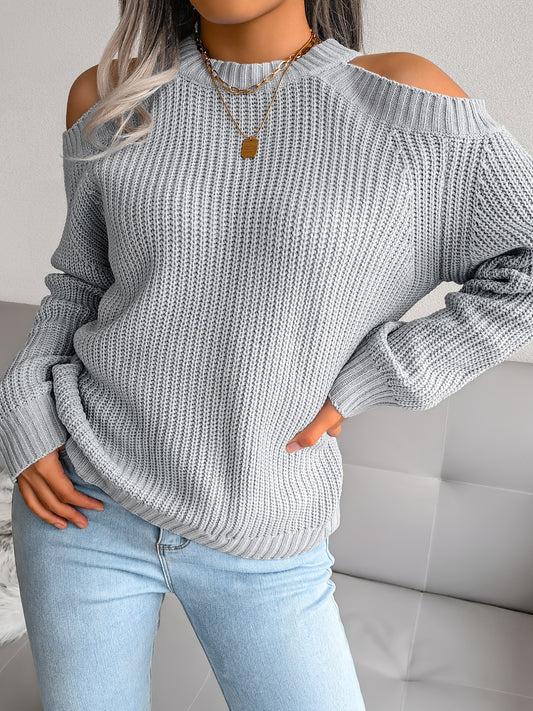 Sixsr Solid Color Crew Neck Cold Shoulder Knitted Tops, Casual Everyday Pullover Sweaters, Women's Clothing