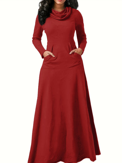 Sixsr Pile Collar Pocket Front Dress, Elegant Long Sleeve Maxi Dress, Women's Clothing