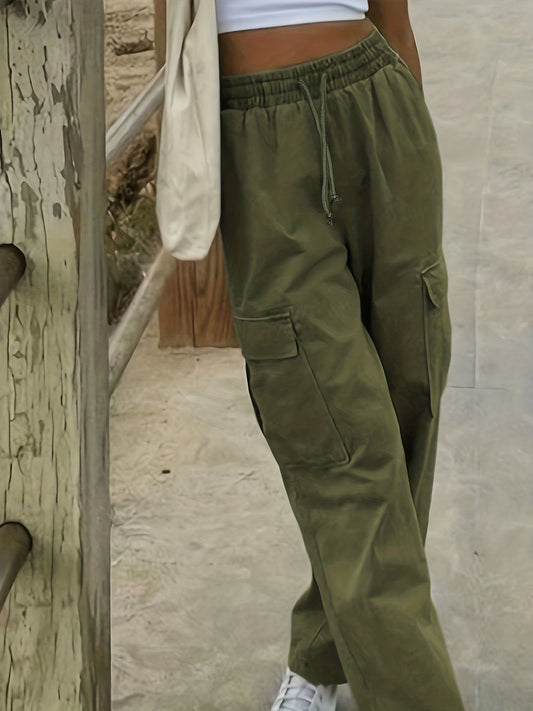 Sixsr Plus Size Casual Pants, Women's Plus Solid Elastic Drawstring Slight Stretch Cargo Pants