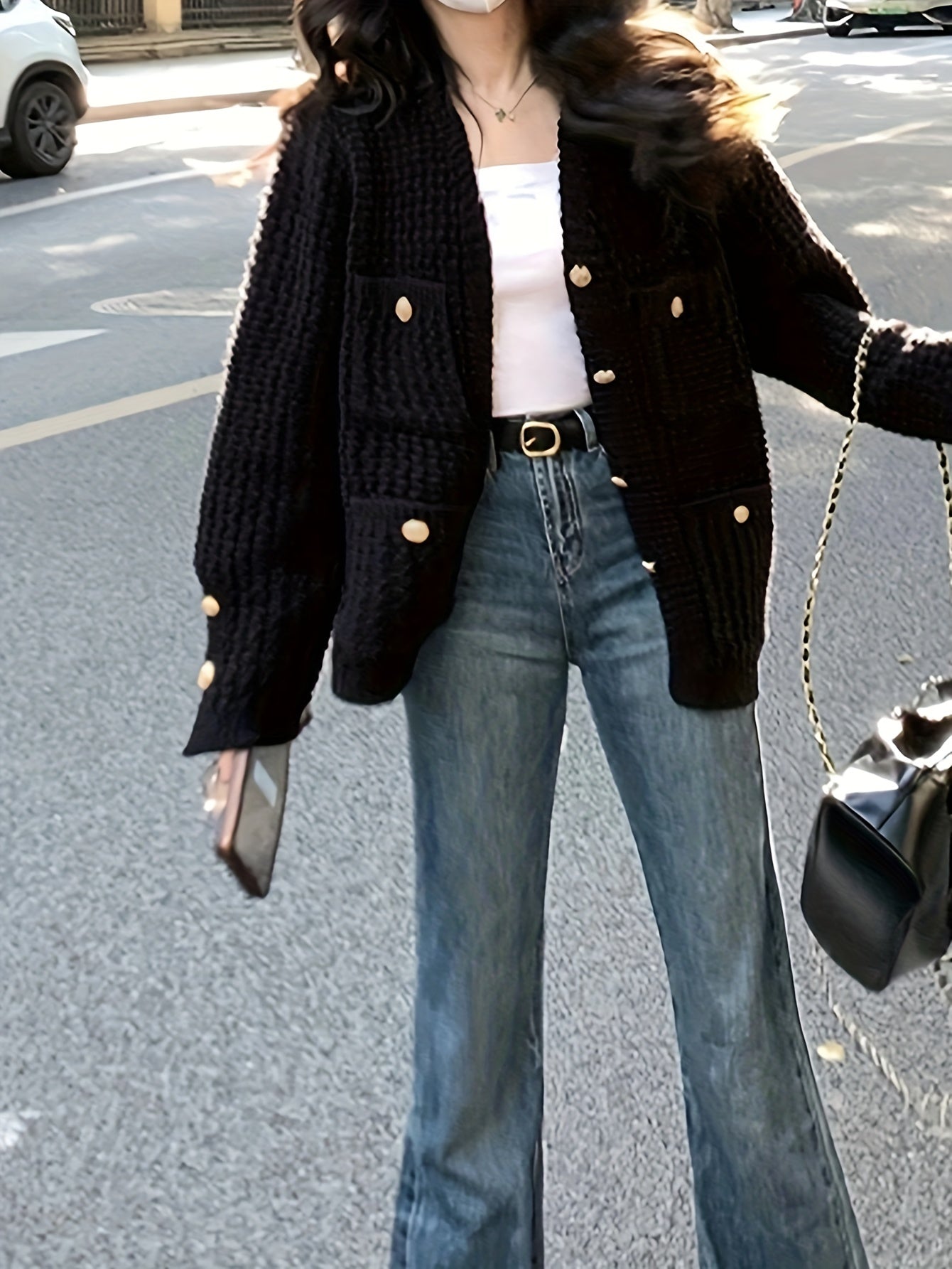 Sixsr Solid Button Down Chunky Knit Cardigan, Vintage Long Sleeve Sweater Coat With Pocket, Women's Clothing