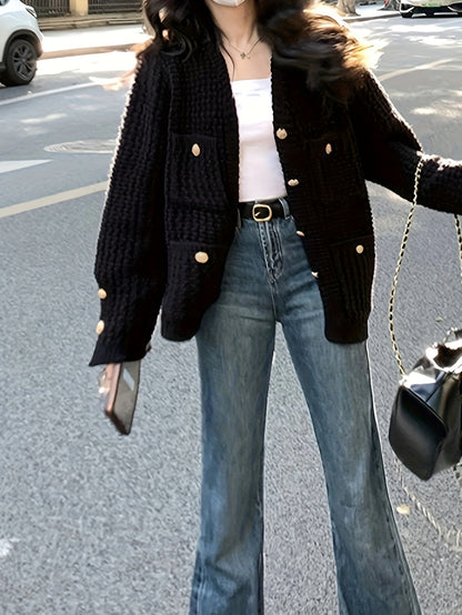 Sixsr Solid Button Down Chunky Knit Cardigan, Vintage Long Sleeve Sweater Coat With Pocket, Women's Clothing