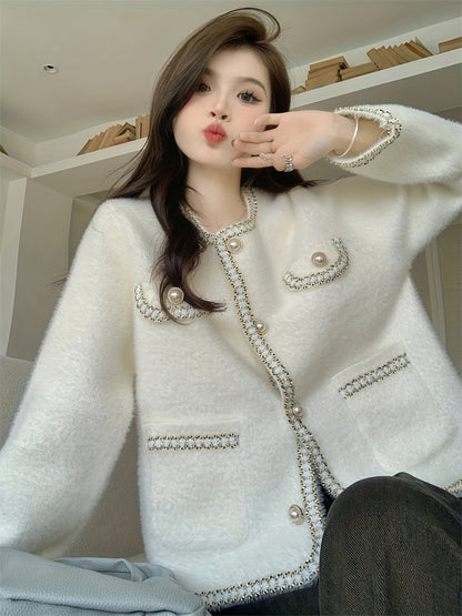 Sixsr Contrast Trim Button Down Knit Cardigan, Elegant Long Sleeve Cozy Sweater, Women's Clothing