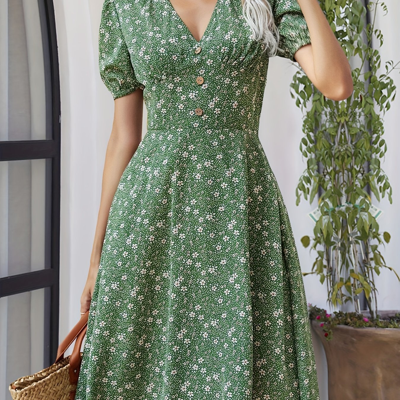 Floral Print V Neck Dress, Elegant Short Sleeve Dress For Spring & Summer, Women's Clothing