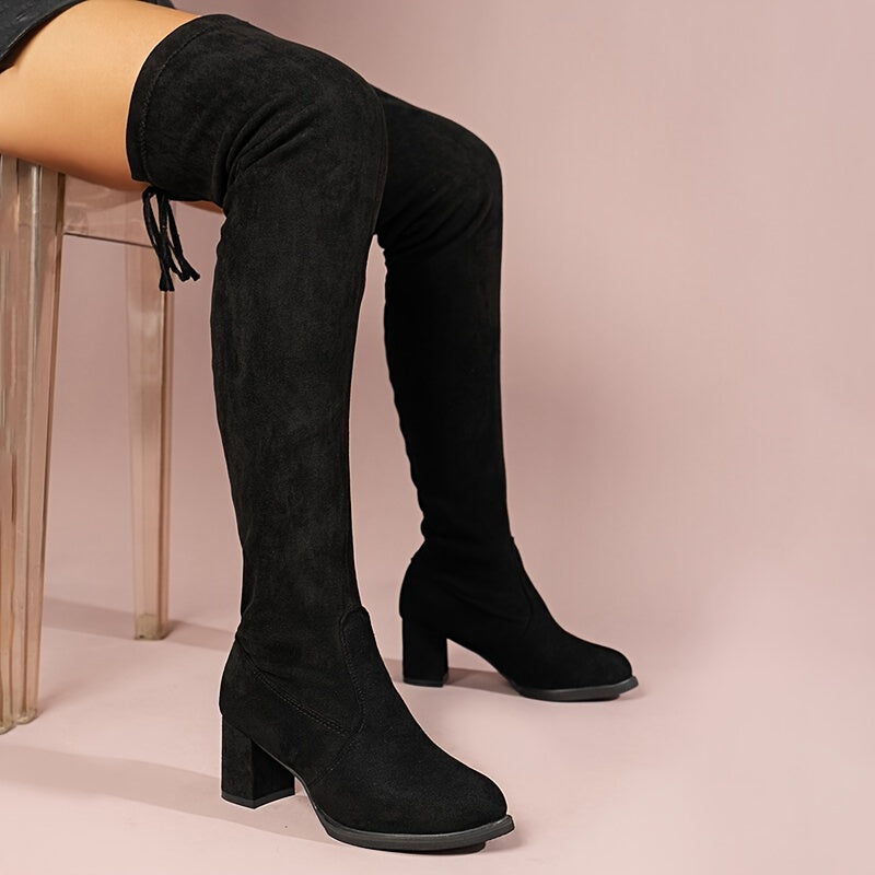 Sixsr Women's Over The Knee Boots, Chunky Heeled Drawstring Pull On Long Boots, Fashionable Stretchy Boots