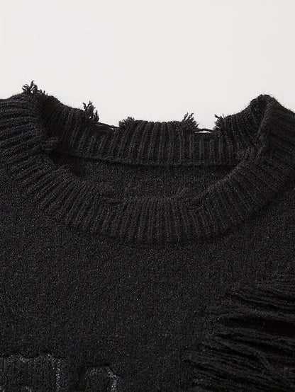 Sixsr Men's Stylish Letters Pattern Ripped Knitted Pullover, Casual Breathable Long Sleeve Crew Neck Top For City Walk Street Hanging Outdoor Activities