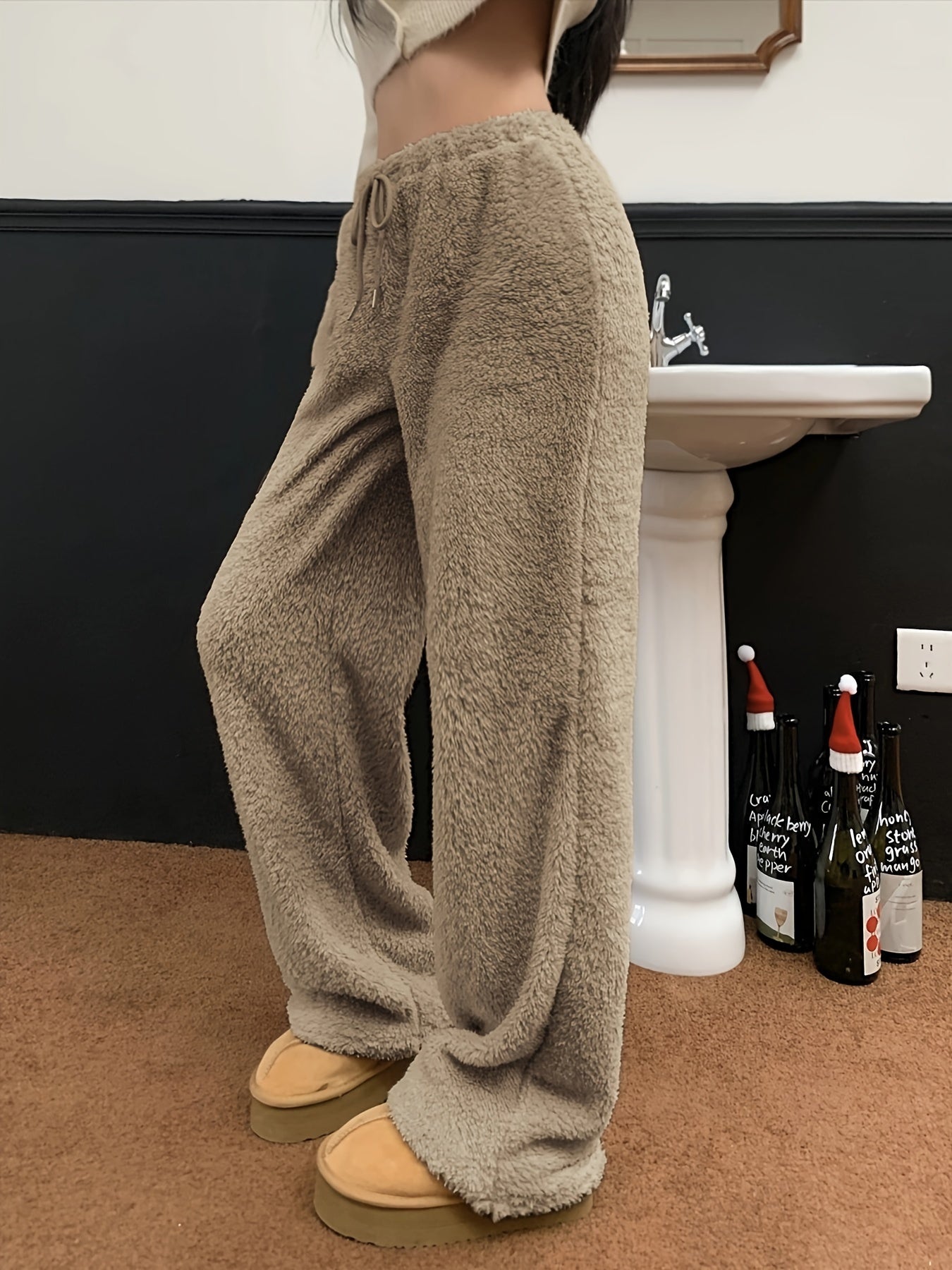 Sixsr Solid Teddy Drawstring Pants, Casual Straight Leg High Waist Pants, Women's Clothing