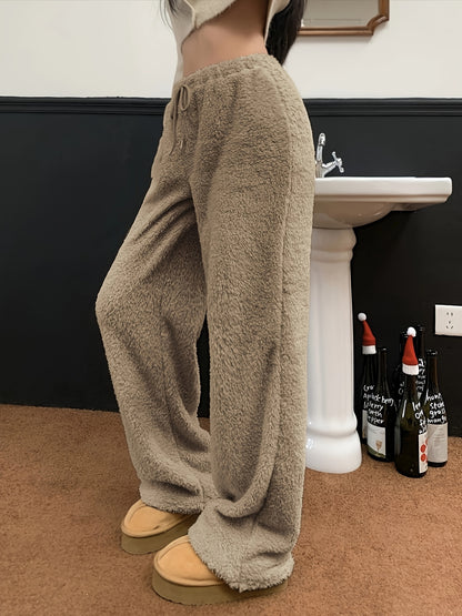 Sixsr Solid Teddy Drawstring Pants, Casual Straight Leg High Waist Pants, Women's Clothing