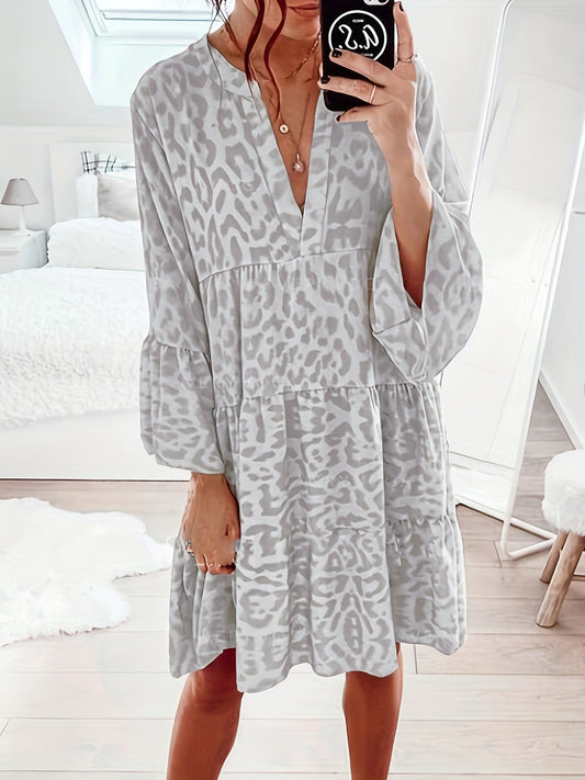 Sixsr Leopard Print Ruffle Hem Dress, Casual V Neck Long Sleeve Dress, Women's Clothing