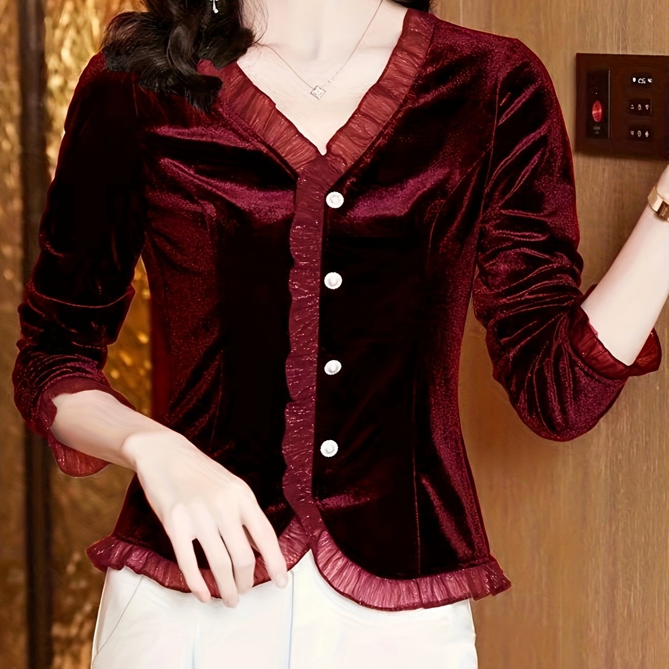 Sixsr Velvet Lace Contrast Trim Top, Button Front V Neck Long Sleeve T-shirt, Women's Clothing