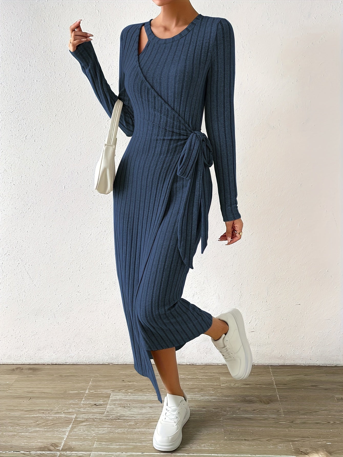 Sixsr Ribbed Asymmetrical Wrap Dress, Casual Long Sleeve Solid Bodycon Dress, Women's Clothing