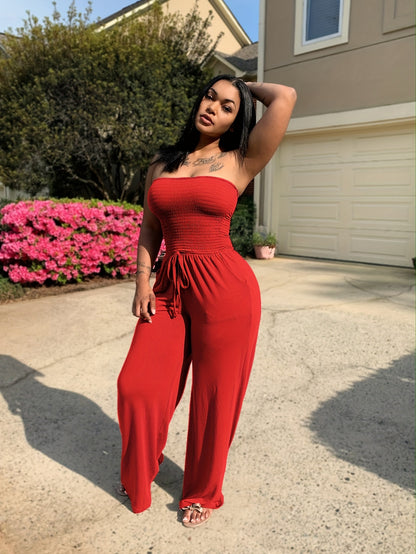 Sixsr Drawstring Shirred Tube Jumpsuit, Casual Off Shoulder Wide Leg Jumpsuit, Women's Clothing