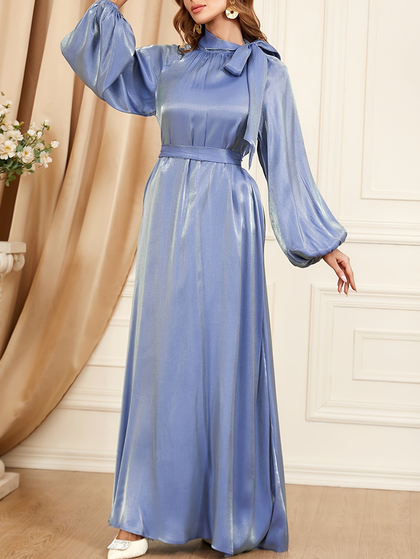 Sixsr Solid Tie Neck Dress, Elegant Loose Long Sleeve Dress For Party & Banquet, Women's Clothing