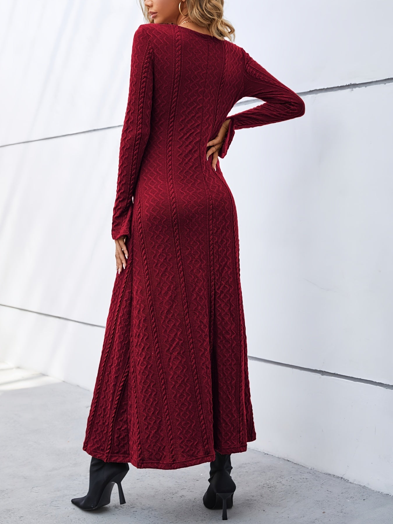 Sixsr Elegant Buttons Slit Long Dress, Casual Deep V Neck Long Sleeve Waist Long Dresses, Women's Clothing