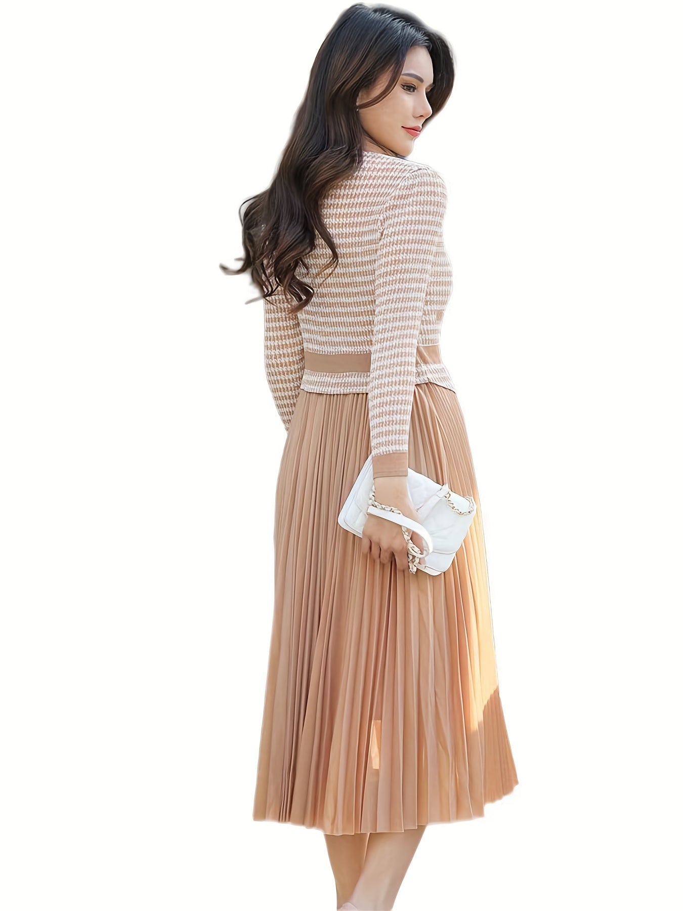 Sixsr Houndstooth Print Pleated Dress, Elegant Crew Neck Short Sleeve Dress, Women's Clothing