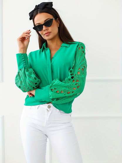 Women's V-Neck Casual Blouse Lace Long Sleeve Shirt Lantern Sleeve Top Work Button T-Shirt